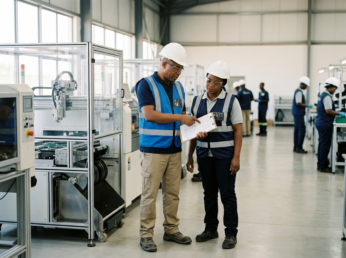 ISO auditors review workplace processes with a manufacturing supervisor